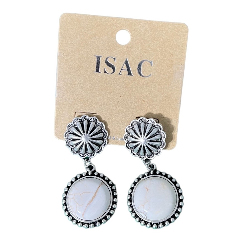 White Turquoise Post Earrings Silver Concho Dangle